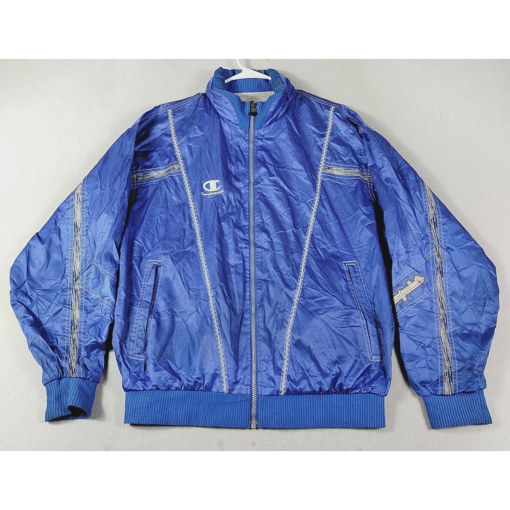 Vintage Champion Products Jacket Men 2XL Blue Hooded Track Windbreaker Full Zip